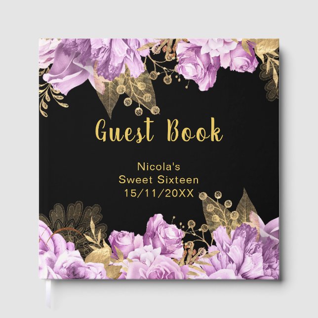 Elegant Lilac and Gold Flowers Sweet Sixteen Guest Book (Front)