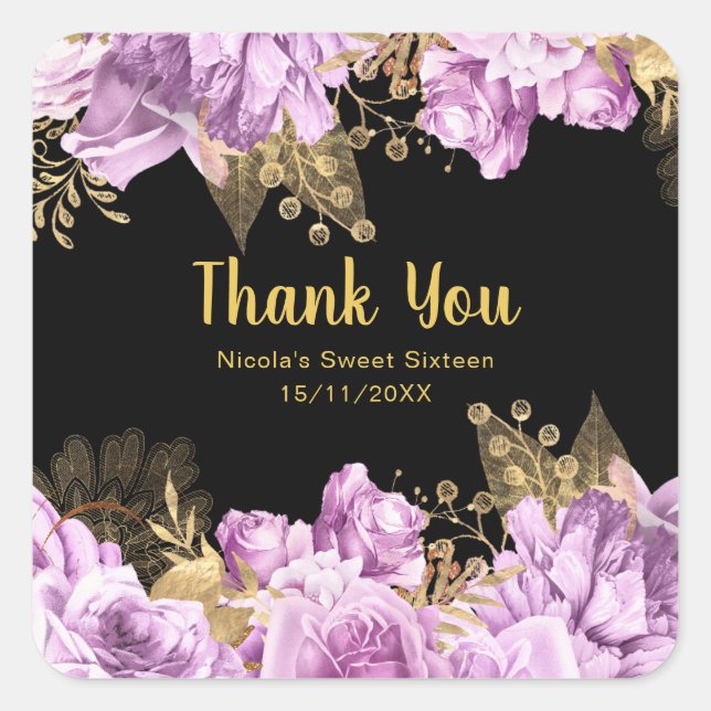 Elegant Lilac and Gold Flowers Sweet Sixteen Square Sticker (Front)