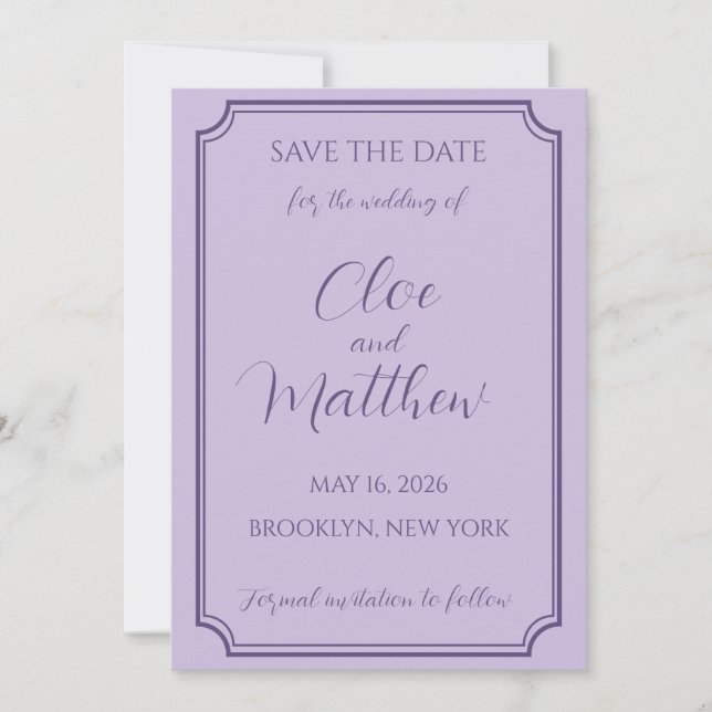 Elegant Lilac and Lavender Script Wedding Save The Date (Front)