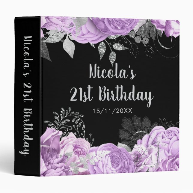 Elegant Lilac and Silver Flowers Birthday Party Binder (Front/Spine)