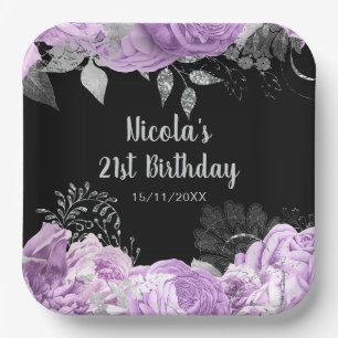 Elegant Lilac and Silver Flowers Birthday Party  Paper Plate