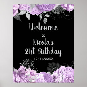 Elegant Lilac and Silver Flowers Birthday Party Poster
