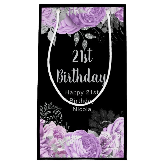 Elegant Lilac and Silver Flowers Birthday Party  Small Gift Bag (Front)