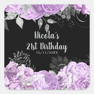 Elegant Lilac and Silver Flowers Birthday Party Square Sticker