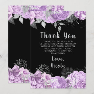 Elegant Lilac and Silver Flowers Birthday Party Thank You Card
