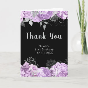 Elegant Lilac and Silver Flowers Birthday Party Thank You Card