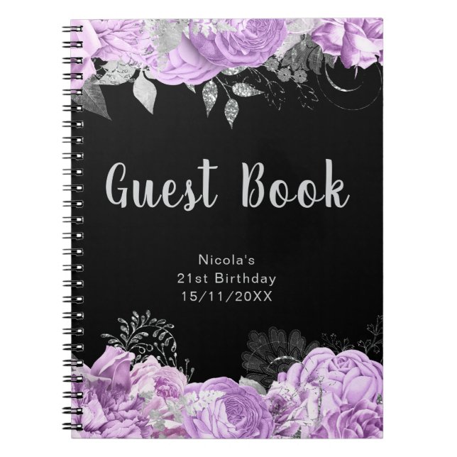 Elegant Lilac and Silver Flowers Guest Book (Front)