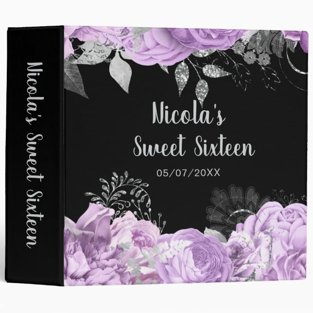Elegant Lilac and Silver Flowers Sweet Sixteen Binder (Front/Spine)