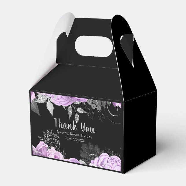Elegant Lilac and Silver Flowers Sweet Sixteen Favor Box (Front Side)