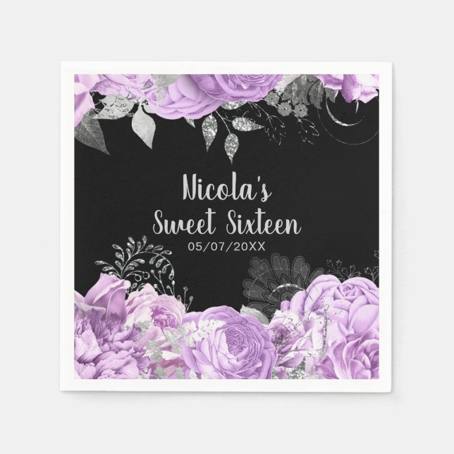 Elegant Lilac and Silver Flowers Sweet Sixteen Napkin (Front)