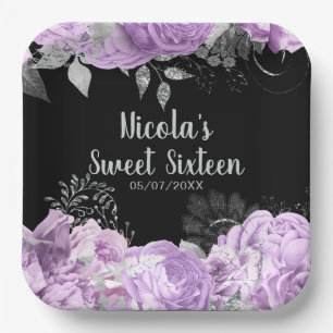 Elegant Lilac and Silver Flowers Sweet Sixteen Paper Plate