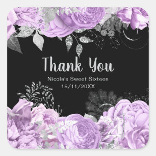 Elegant Lilac and Silver Flowers Sweet Sixteen Square Sticker