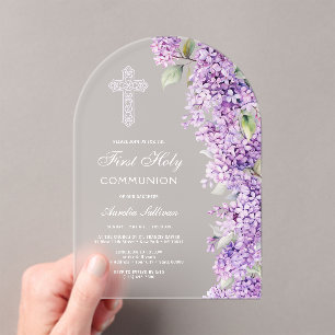 Elegant Lilac Arch First Communion Acrylic Invitations