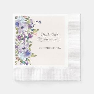 Elegant Lilac Blue Floral Horizontal Quinceañera Napkin
