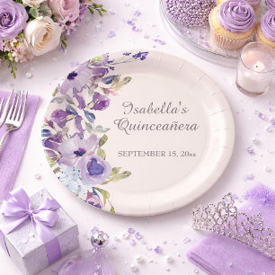 Elegant Lilac Blue Floral Horizontal Quinceañera  Paper Plate