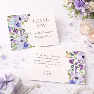 Elegant Lilac Blue Floral Horizontal Quinceañera  Thank You Card