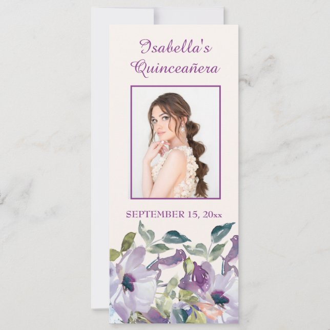 Elegant Lilac Blue Floral Quinceañera Bookmark Invitation (Front)