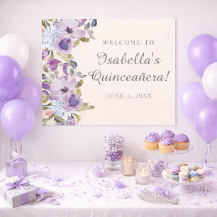 Elegant Lilac Blue Floral Quinceañera Welcome Poster