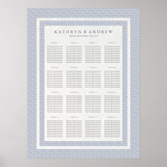 Elegant Lilac Blue Seigaiha Wedding Seating Chart (Front)