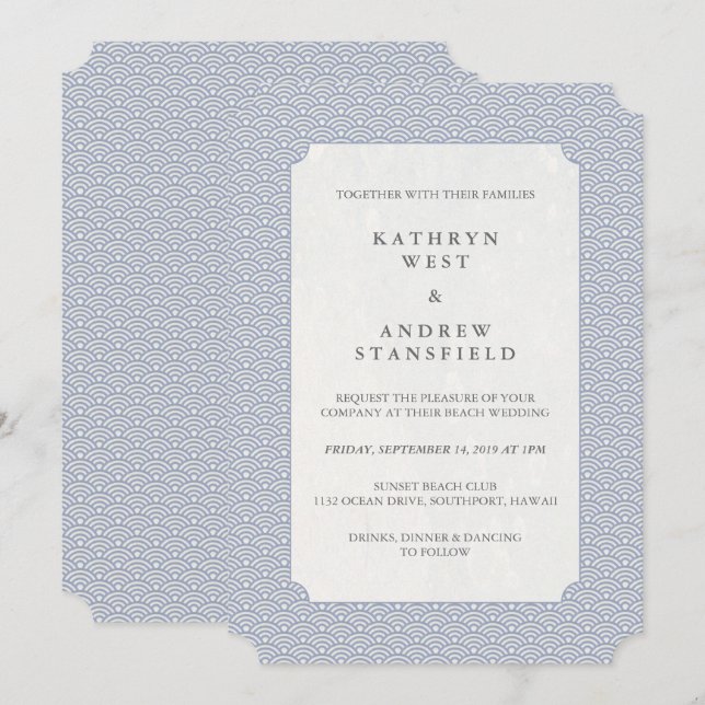 Elegant Lilac-Blue Stylized Waves Pattern Wedding Invitation (Front/Back)