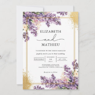 Elegant Lilac Botanical Gold Wedding Invitation