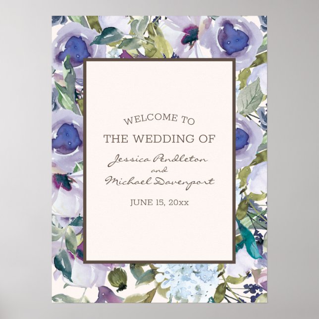 Elegant Lilac Dusty Blue Floral Wedding Welcome Poster (Front)