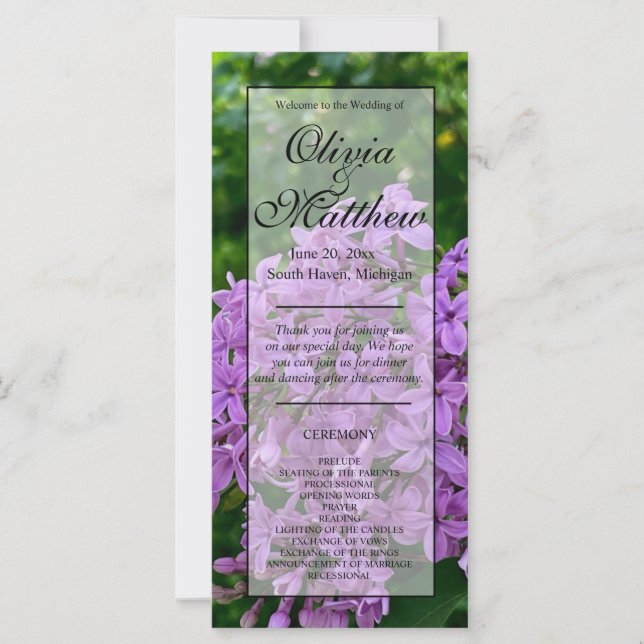 Élégant Lilac fleuri violet programme de mariage (Devant)