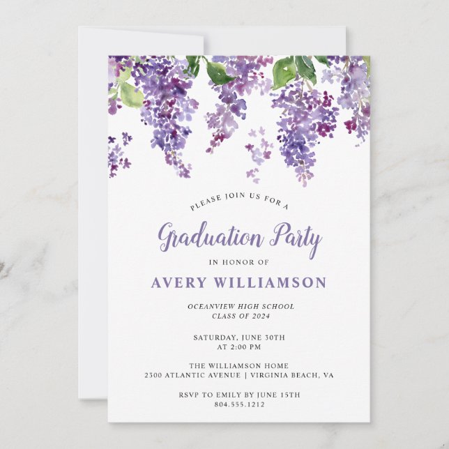 Elegant Lilac Floral Graduation Party Invitation (Front)