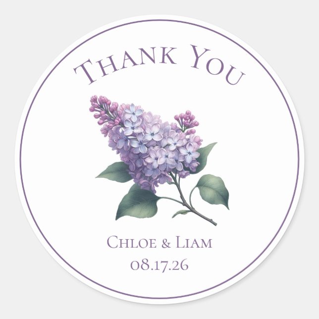 Elegant Lilac Flower Wedding Thank You Classic Round Sticker (Front)