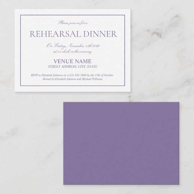 Elegant Lilac Lavender Classic Script Rehearsal Enclosure Card (Front/Back)
