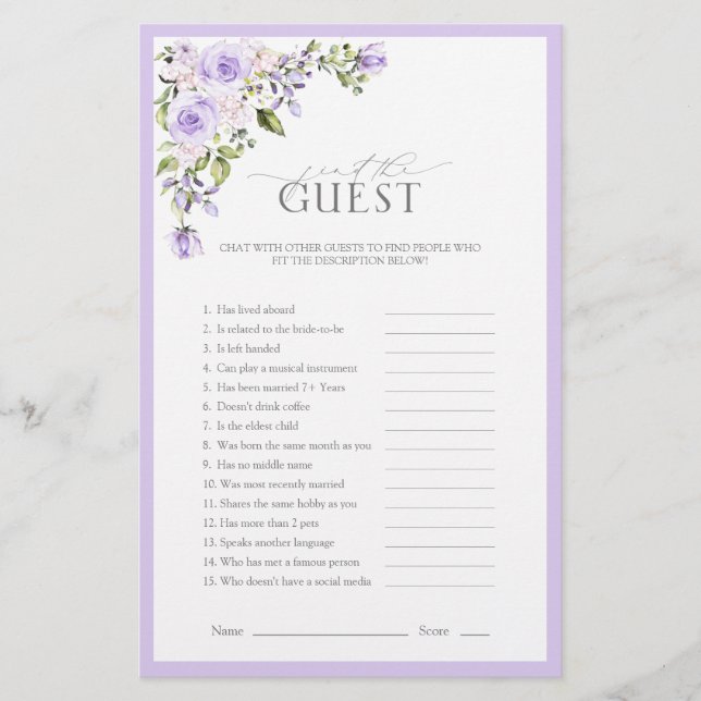 Elegant Lilac Lavender Floral Bridal Shower Game (Front)