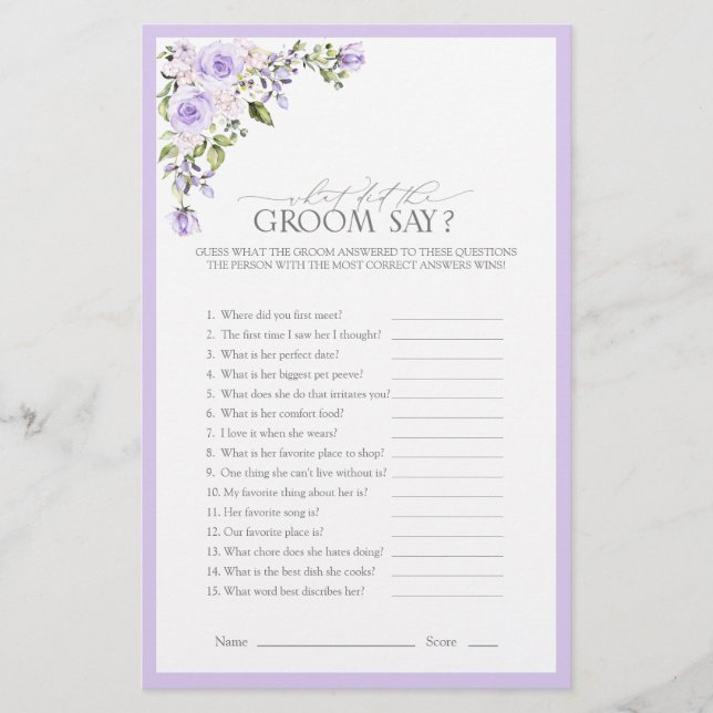 Elegant Lilac Lavender Floral Bridal Shower Game (Front)