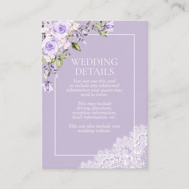 Elegant Lilac Lavender Rustic Lace Wedding Details Enclosure Card (Front)