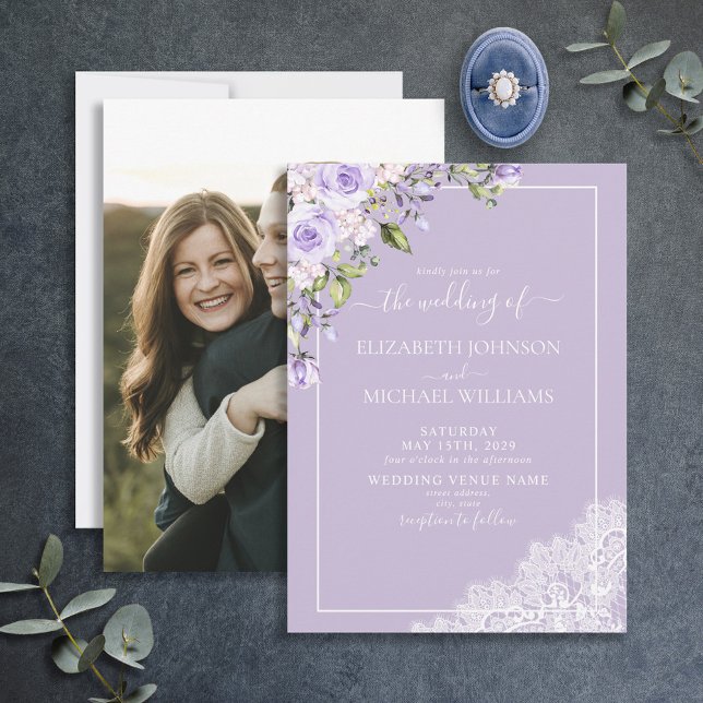 Elegant Lilac Lavender Rustic Wood Lace Wedding Invitation (Creator Uploaded)