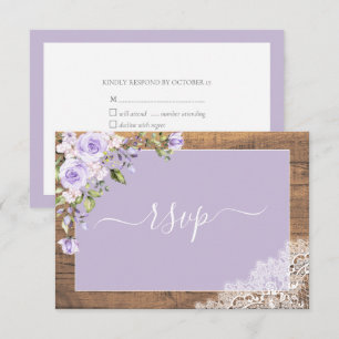 Elegant Lilac Lavender Rustic Wood Lace Wedding RSVP Card