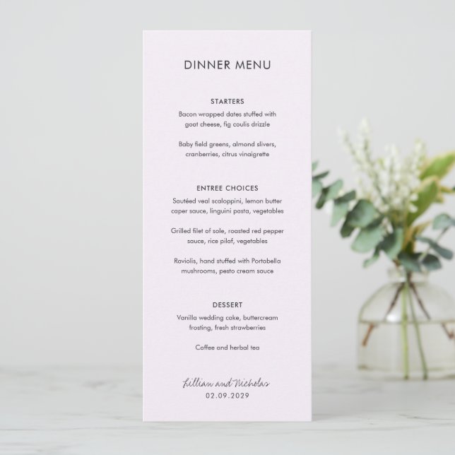 Elegant Lilac Modern Wedding Menu (Standing Front)