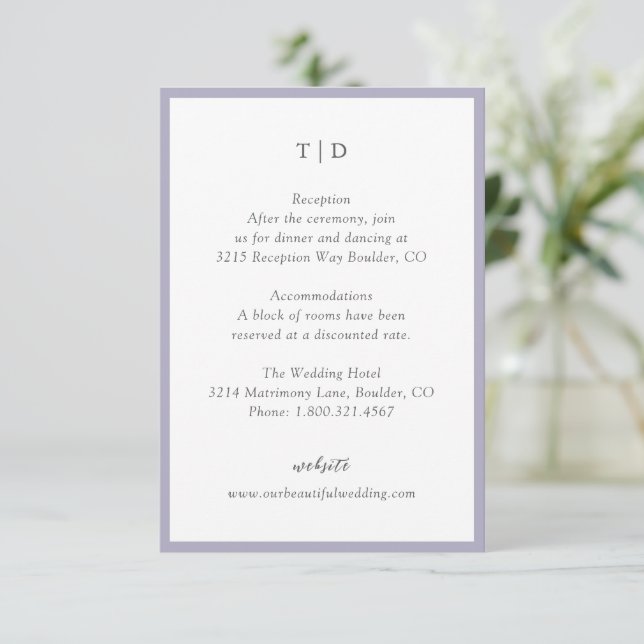 Elegant Lilac Monogram Modern Wedding Enclosure Card (Standing Front)