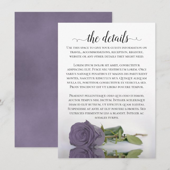 Elegant Lilac or Dusty Purple Rose Wedding Details Enclosure Card (Front/Back)