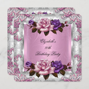 Elegant Lilac Pink Purple Roses Birthday Party Invitation