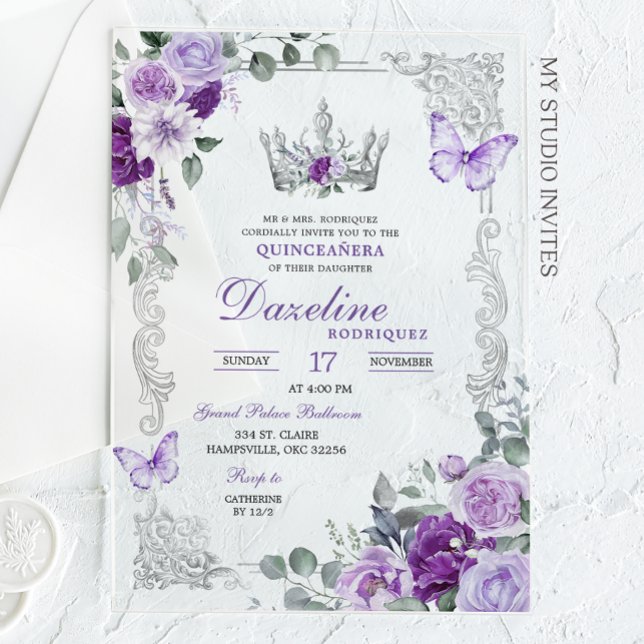 Elegant Lilac Purple Crown Quinceanera Acrylic Invitations (Creator Uploaded)