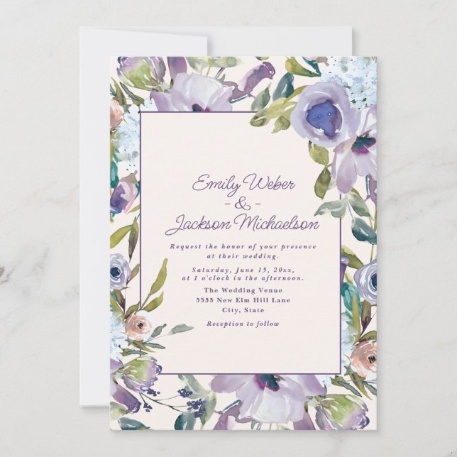 Elegant Lilac Purple Dusty Blue Floral Wedding Invitation (Front)