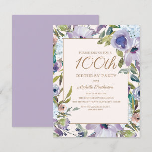 Elegant Lilac Purple Floral 100th Birthday Invitation