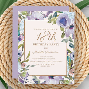 Elegant Lilac Purple Floral Greenery 18th Birthday Invitation