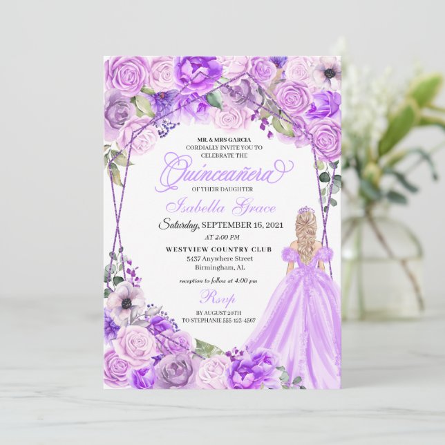 Elegant Lilac Purple Floral Quinceanera Invitation (Standing Front)