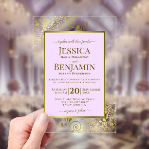 Elegant Lilac Purple & Gold Stylish Text Wedding Acrylic Invitations