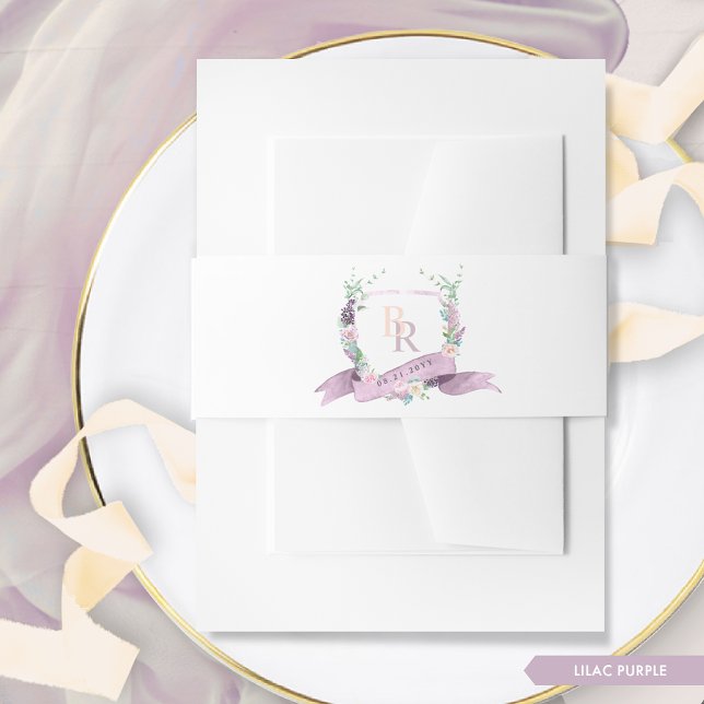 Elegant Lilac Purple Pastel Crest Monogram Wedding Invitation Belly Band (Creator Uploaded)