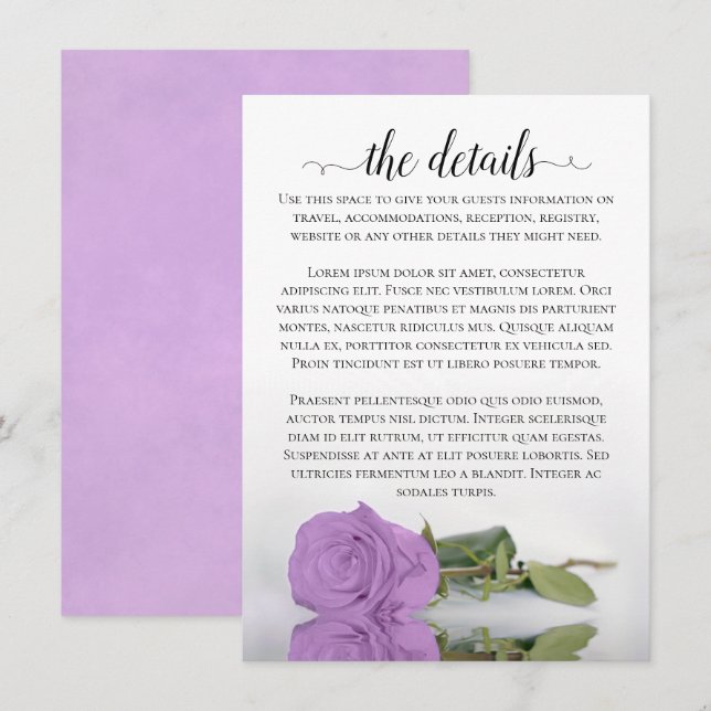Elegant Lilac Purple Rose Wedding Details Enclosure Card (Front/Back)
