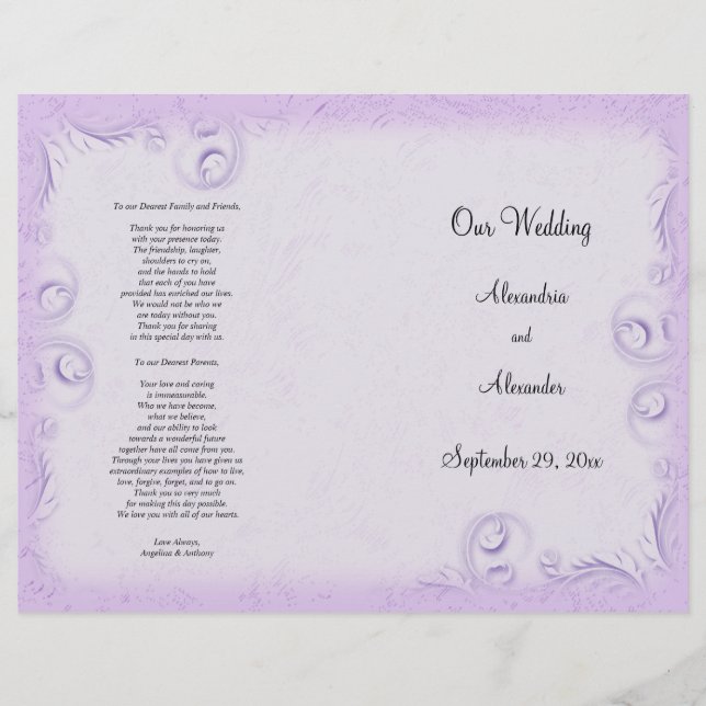 Élégant Lilac Scrollwork Wedding Programme (Devant)