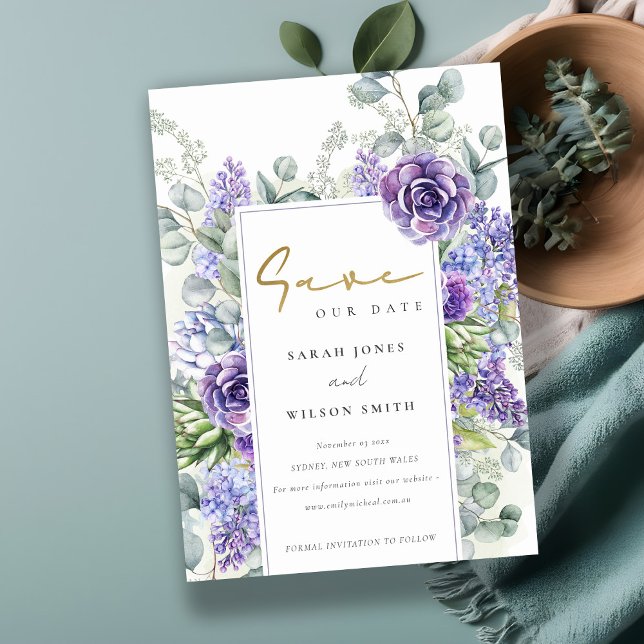 Elegant Lilac Succulent Eucalyptus Botanical Frame Save The Date (Creator Uploaded)