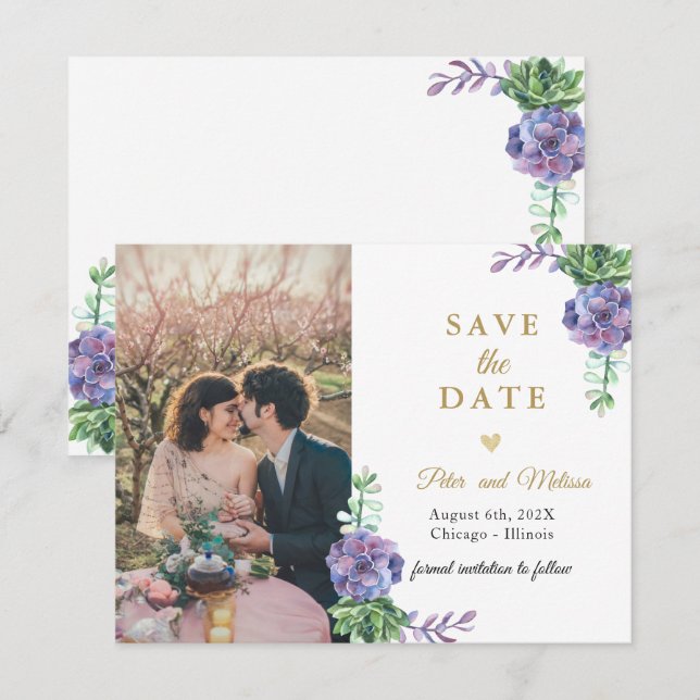 Elegant Lilac Succulents  Photo Save the Date Announcement (Front/Back)